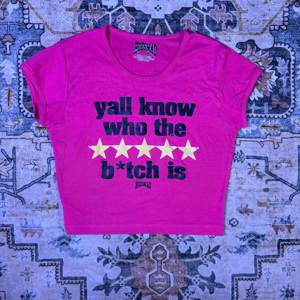 Hoesmad Pink Graphic Baby Tee Y2K Style Crop Top Going Out Sz Small Made in USA